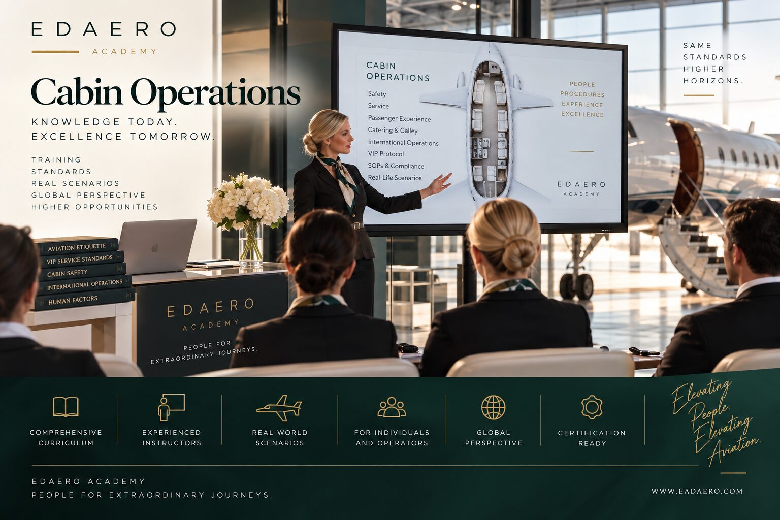 EDAERO Academy instructor reviewing cabin operations standards with cabin crew trainees