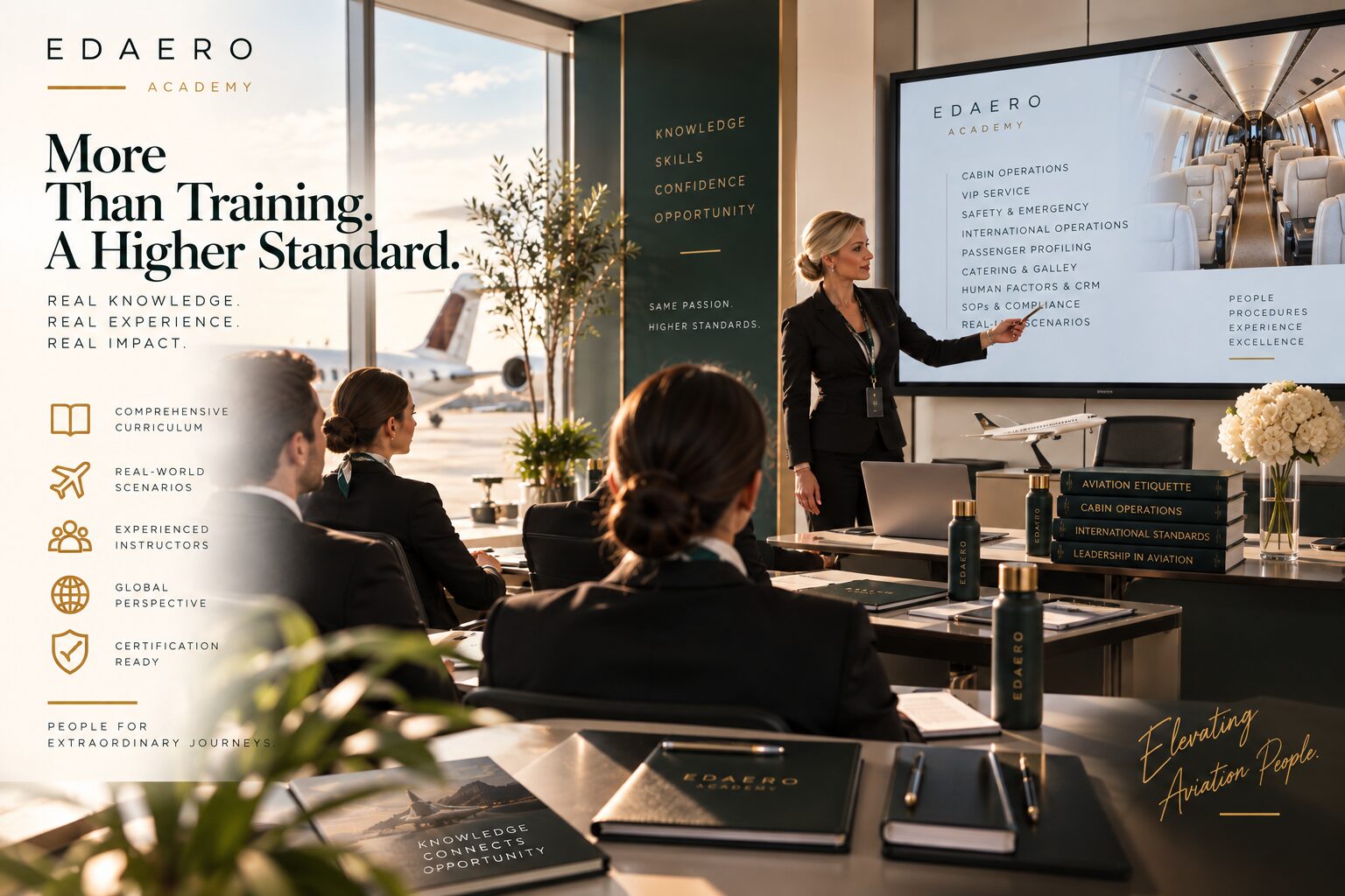 EDAERO Academy instructor presenting cabin operations training to a group of cabin crew